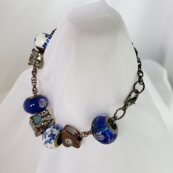 Unique Charms Hearts Glass Porcelain Love Rhinestone Beads Chain Bracelet 7.5 " - Picture 9 of 11